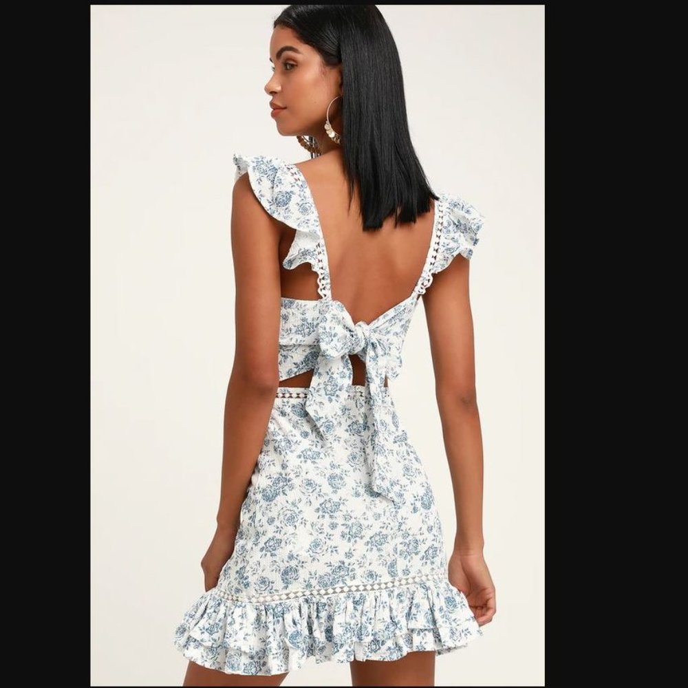 MINKPINK - Skye Rose Blue and White Floral Print Mini Dress